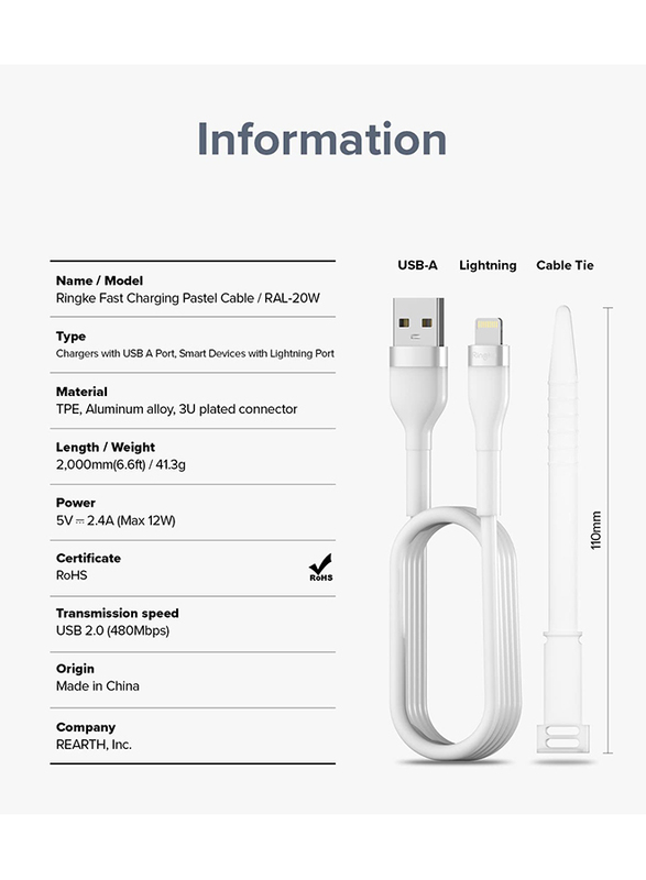 Ringke Fast Charging Pastel Cable USB Type-A to Lightning (2m) White